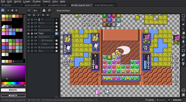Pixel art editor showing work-in-progress layout of a match-3 game.