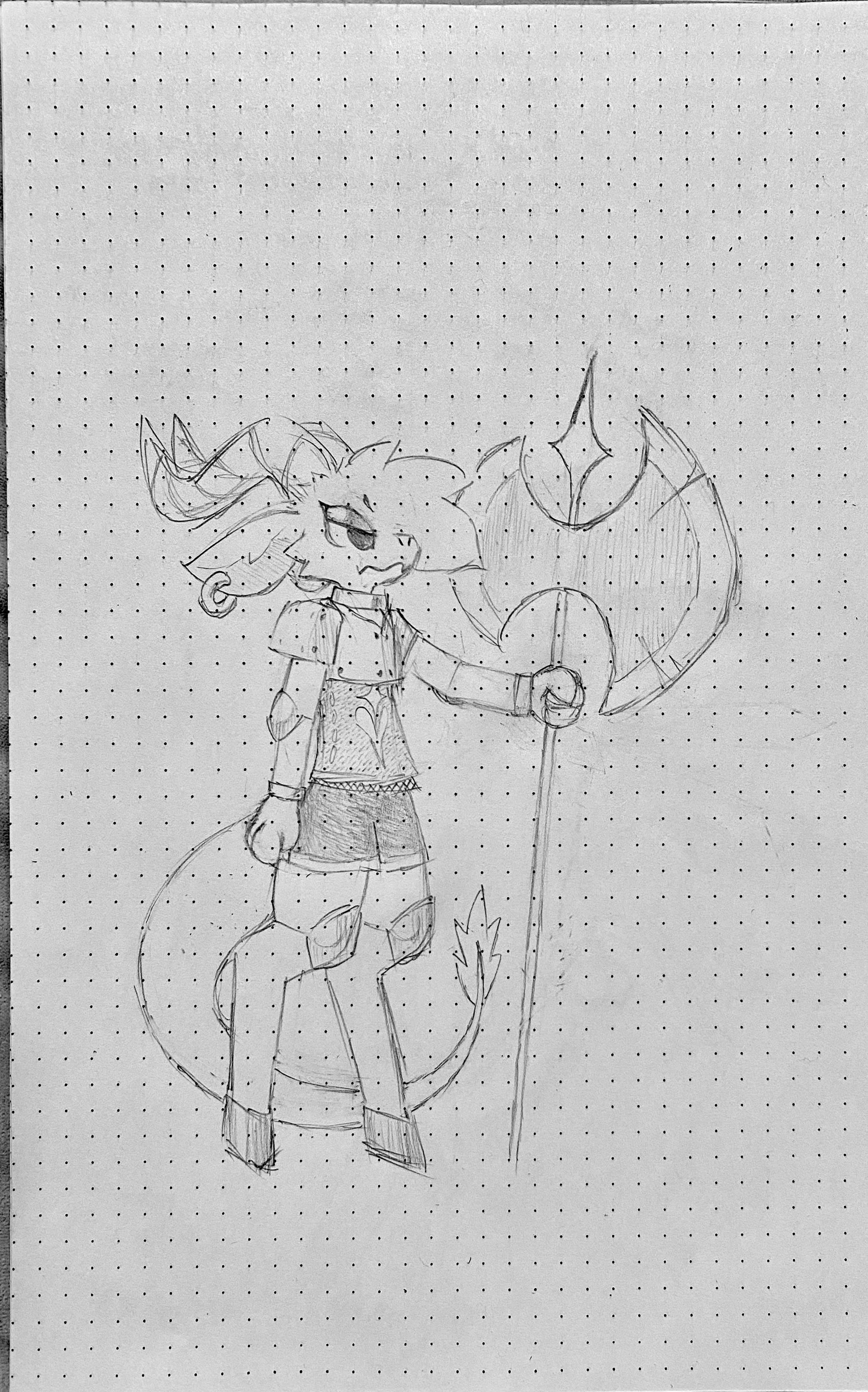 Anthro goat holding a battle axe. He has a large tail and wears a tunic, chest plate, shorts, knee and elbow pads, bracelets, collar, and earring.