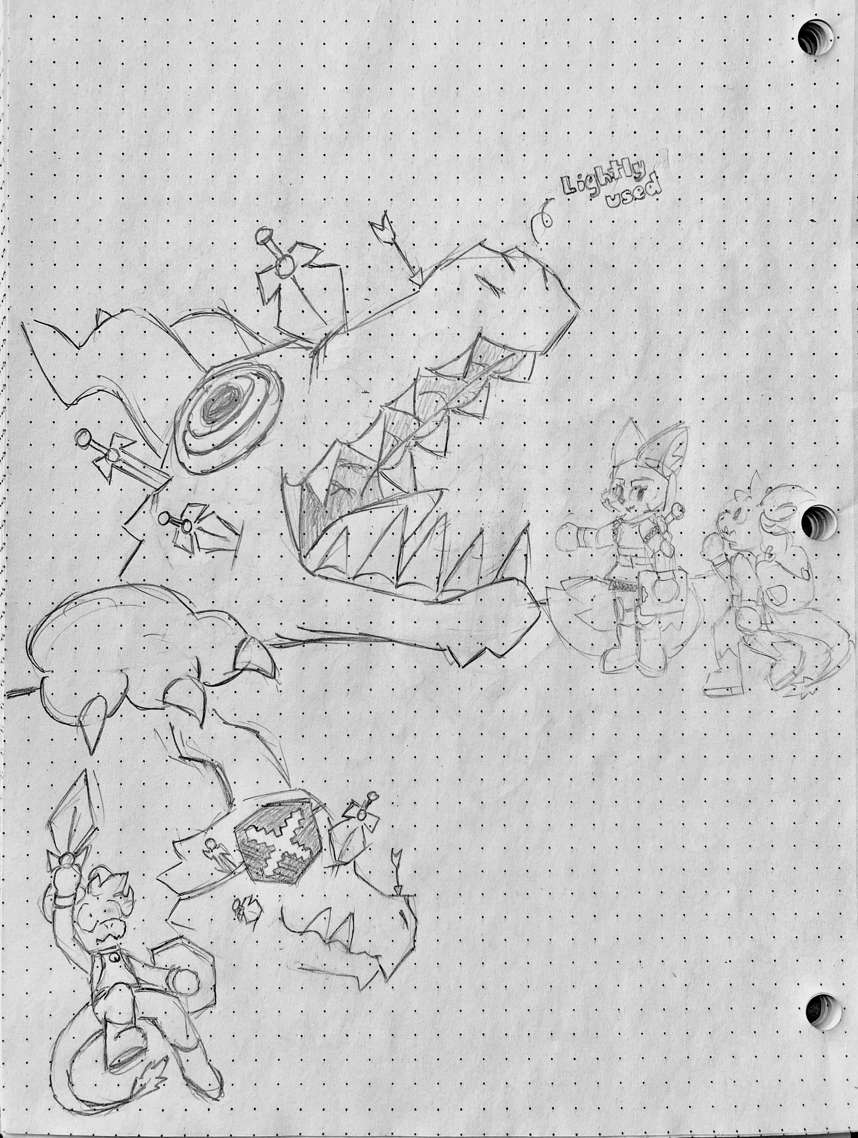Large dragon with jaw wide open and swords stabbed into its hide greets armor-clad athro fox and frightened goat adventurer. In a smaller sketch, the dragon wears an eyepatch and the goat timidly wields a sword and shield.