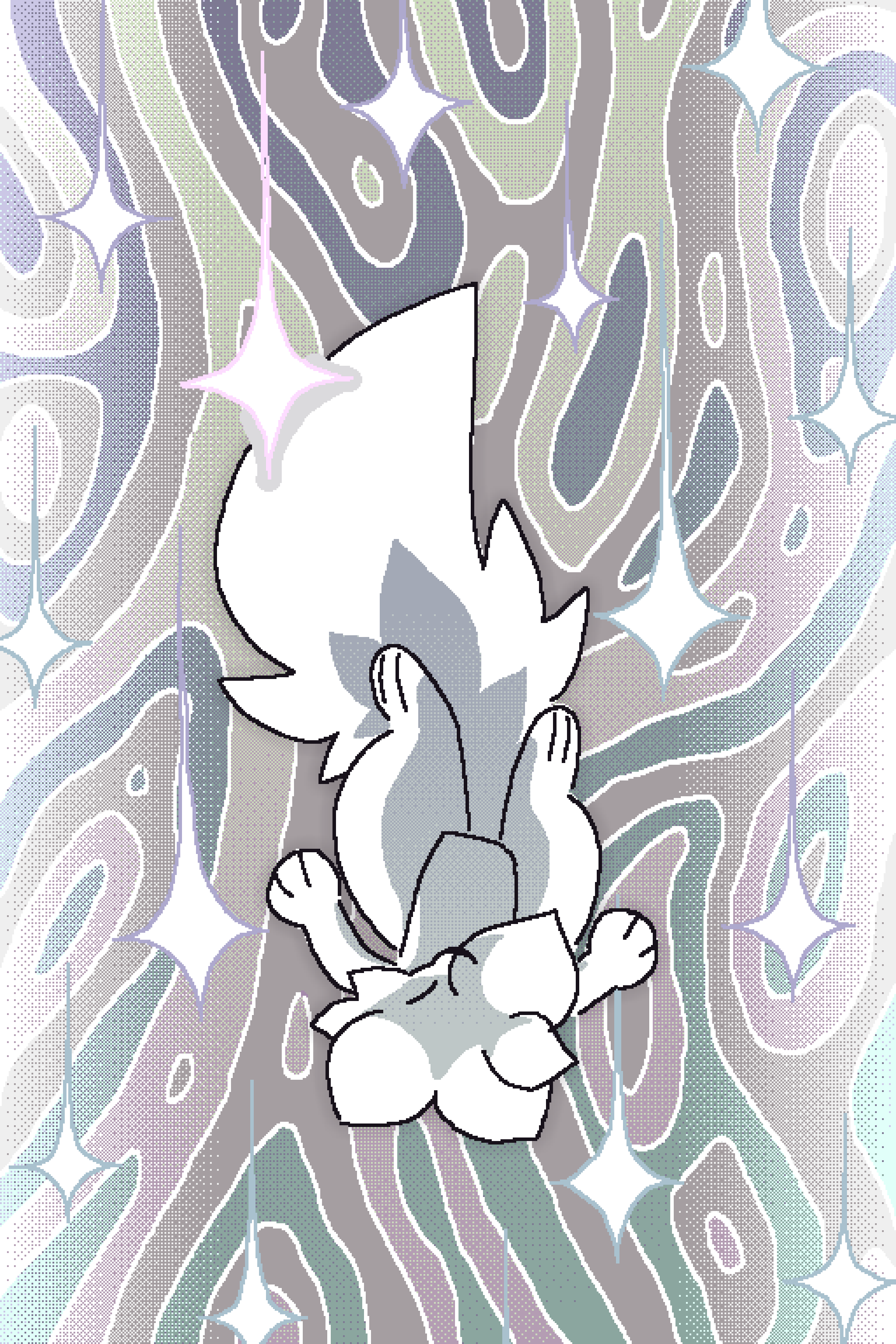 Fluffy, white, fox-like character surrounded by stars falls past a flowy background of iridescent colors.