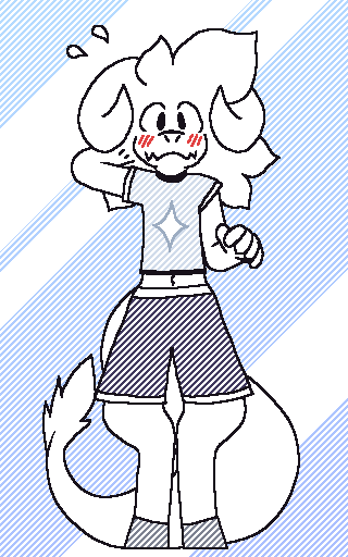 Blushing, anthro goat with large tail timidly scratches the back of his head. He wears shorts and a small t-shirt that doesn't cover his belly button.