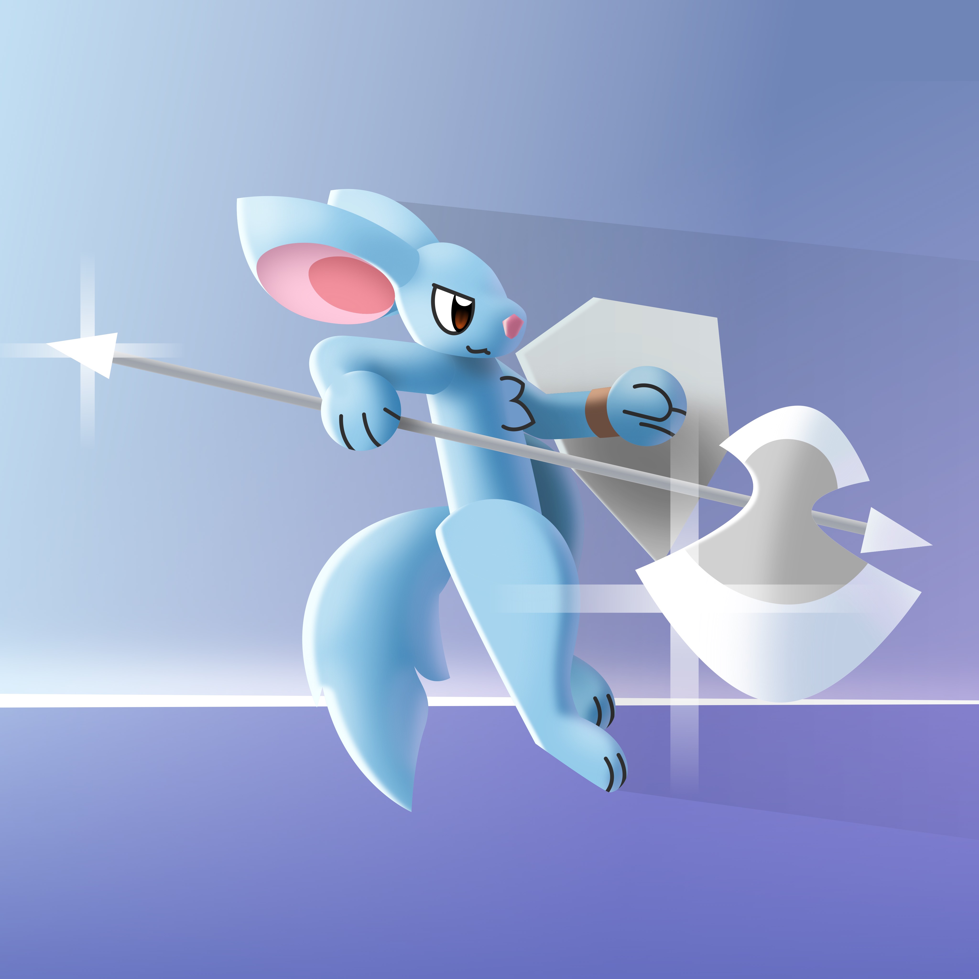 Character with fluffy tail and pointy ears wielding a shiny halberd and shield.