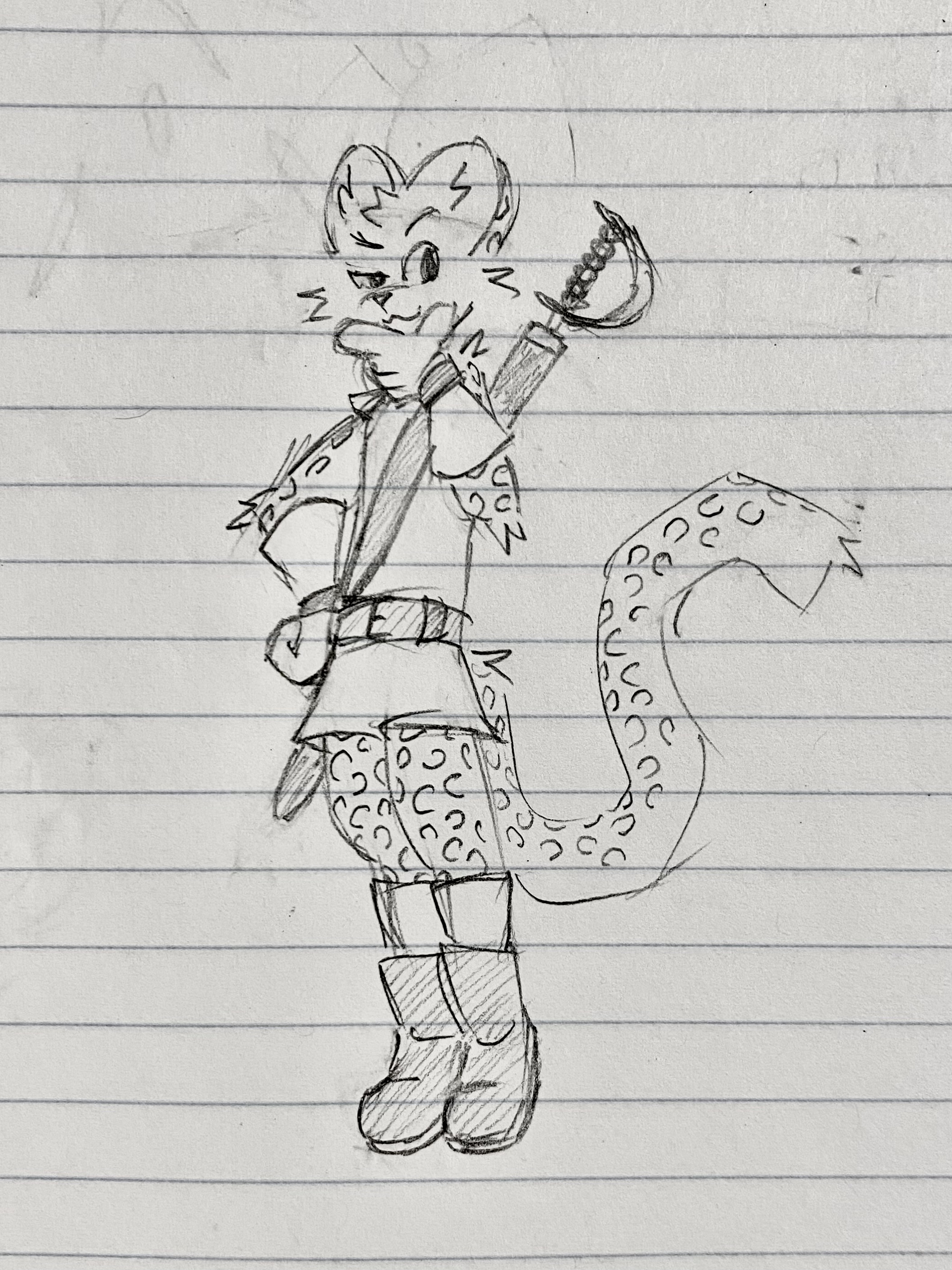 Smug anthro leopard wearing a tunic, boots, gloves, and a fencing sword in a sheath on his back.