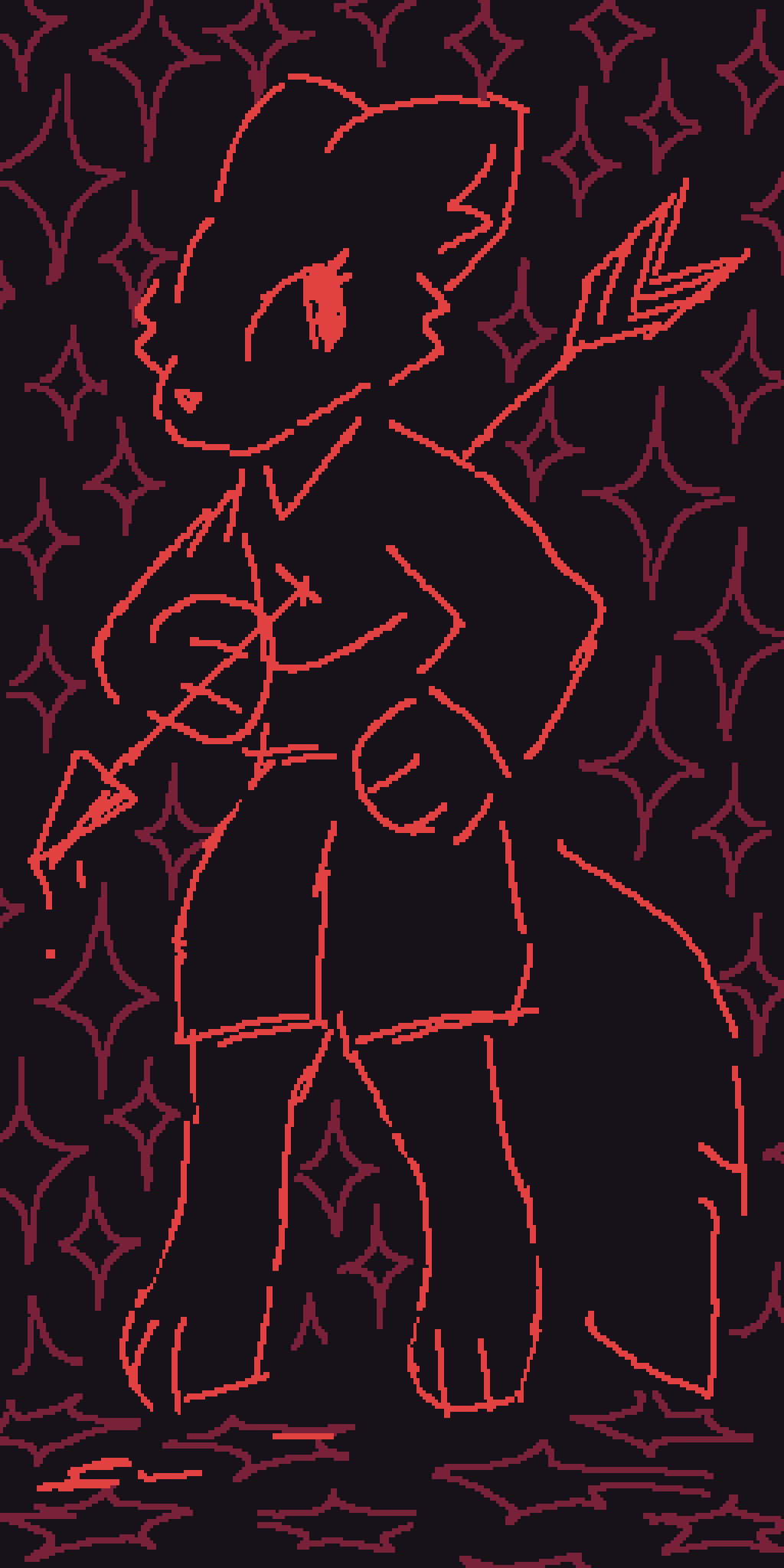 Athro fox with a large, bloodied arrow struck through their chest, drawn with only red lines. The background and floor are black and covered with red stars.