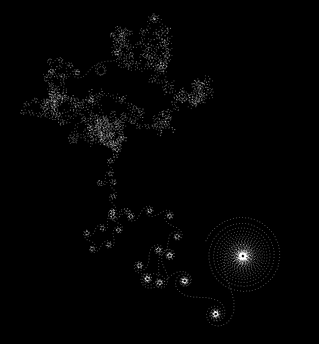 Spiral of dots connecting to smaller and smaller spirals that eventually turn into a cloud of dots.