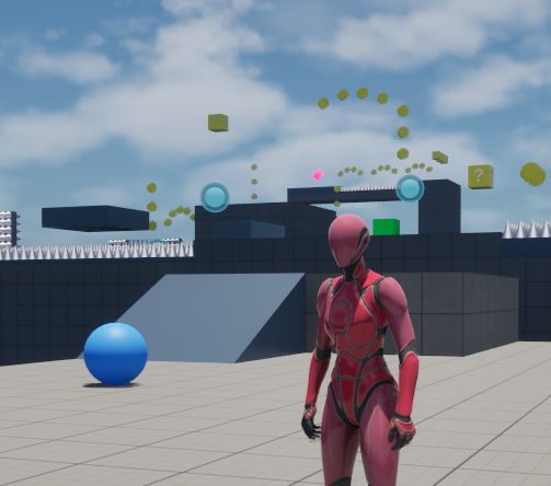 Gray box game level with red robot character standing at front and floating coins and blocks in the distance.