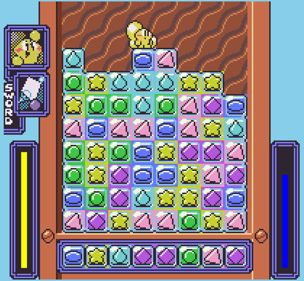 Small puffy character stands atop a pile of blocks with different symbols on them.