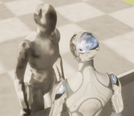 Robotic mannequin facing a mirror.