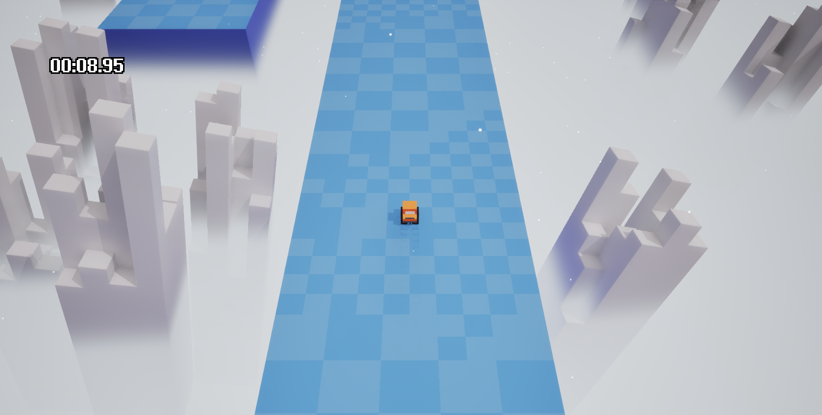 Tiny car on a long checkered block over dense fog. Blocky rock formations stick out from the fog.