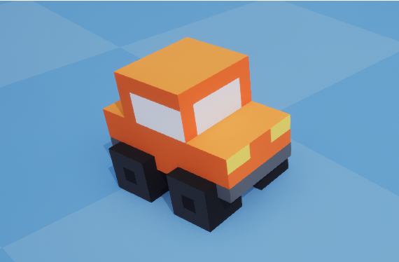Small voxel car on a checkered blue floor.